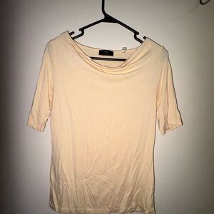 Tahari Draped Neck Tan Beige Micromodal Elbow-Sleeve Shirt Small